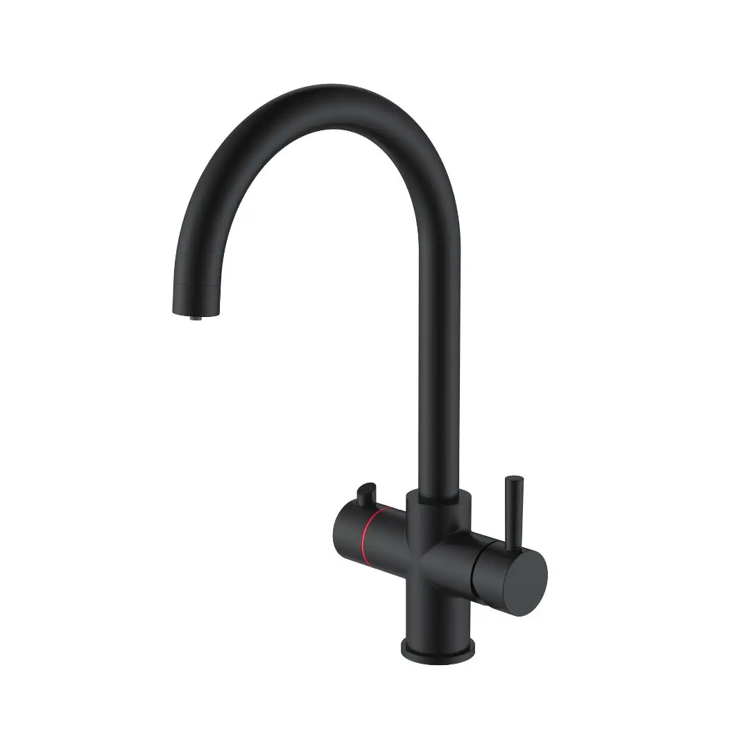 a black faucet with a red stripe